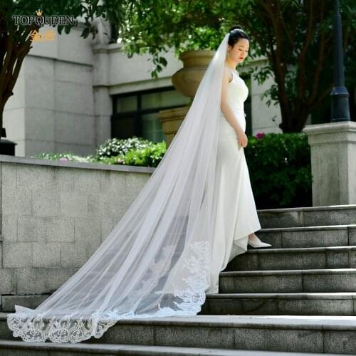 TOPQUEEN V73 French Alencon Lace Embroidery Applique 5m Long Cathedral Wedding Veil with Comb Wedding Veil Tulle Transparent