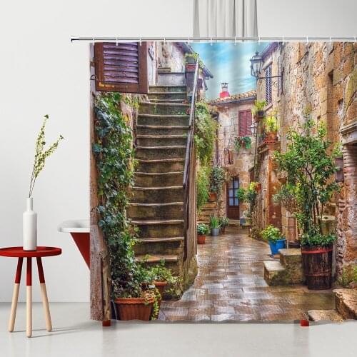 Street View Shower Curtain Beautiful Fairy Tale Town Washable Fabric Bathroom Decoration Bathtub Screen With Hook Bath Curtains