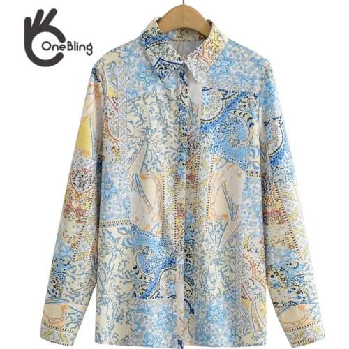 OneBling Za Woman 2021 Casual Traf Blouses Summer Autumn Fashion Long Sleeve Vintage Print Loose Long Shirts Female Tops