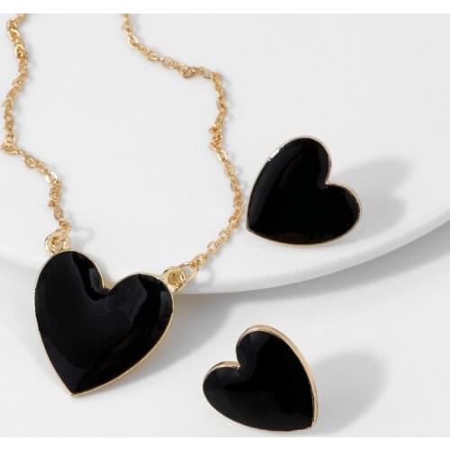 Lost Lady Black Enamel Heart Jewelry Set for Women Girl Trendy Pendant Necklace Stud Earrings Wholesale Female Bijoux Party Gift