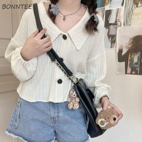 Cardigan Women Sweater Autumn Solid White Simple Cropped Girls Kawaii Single Breasted Loose Ulzzang Daily All-match Trendy Cozy