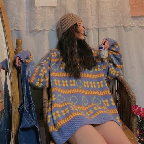 Retro Striped Women Sweater Pullover Tops Autumn Winter Thick Loose Long-Sleeved Round Neck Harajuku Street Style Sweater Women