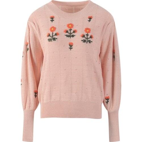 Womens Loose Knit Pullover Red Daisy Embroidery O-Neck Lantern Sleeves High Street Korean Fashion Sweater 2021 Early Autumn New