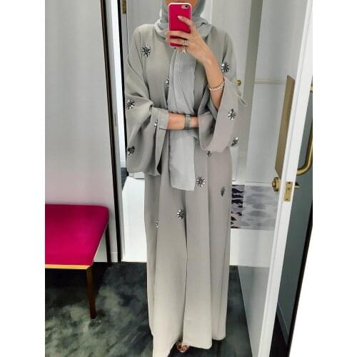 Turkish Islamic Clothing Muslim Open Abaya Women beading Floral Maxi Dresses Dubai Arab Lace-up Long Robe Islam Ramadan Kaftan