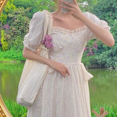 2021 Summer Elegant Sweet Fairy Dress Korean Design Princess Sweet Midi Dress Women Puff Sleeve High Waist Casual Vintage Dress