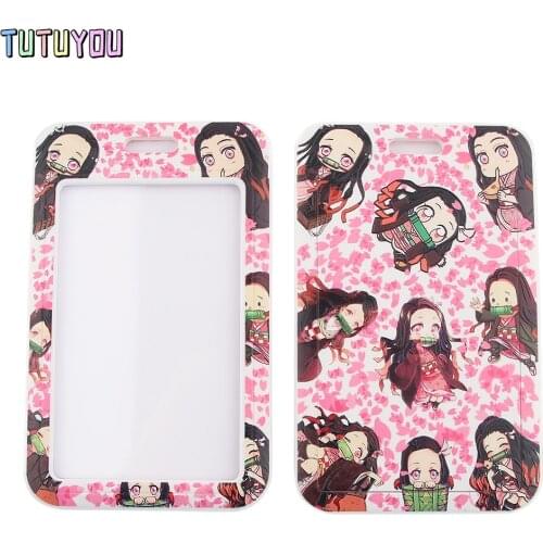 1pc PC2559 Pink Anime Girl Demon Slayer Lanyard Card Holder Student Hanging Neck Phone Lanyard Badge Subway Access Card Holder