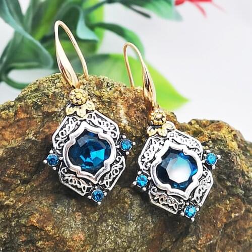 2020 Vintage Blue Crystal Zircon Elegant Dangle Earrings for Women Jewelry Wedding Drop Earrings Engagement Statement Brincos