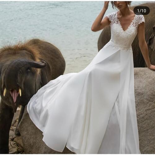 Bohemian Wedding Dress 2021 Short Sleeve Lace Appliques robe de soirée de mariage Boho Chiffon Simple Bridal Gowns Beach V-Neck