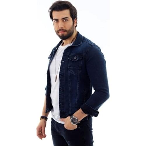 Mens Dark Blue Denim Jacket 2021 New Season Outerwear Chest Double Pocket SlimFit LongSleeve Young Style WithFrontButtonClosure