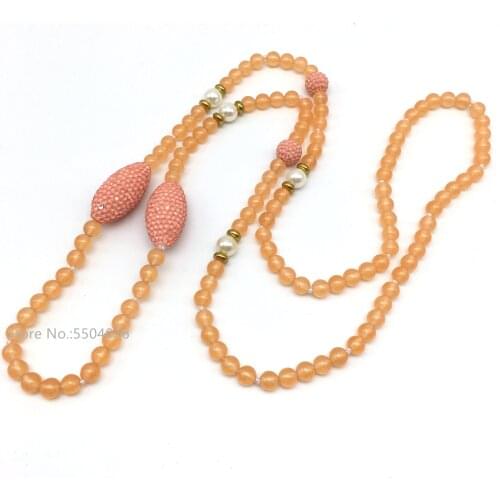 Hot sale natural stone dyed orange jades chalcedony 6mm round beads necklace pink rhinestone beads pearl spacer jewelry necklace