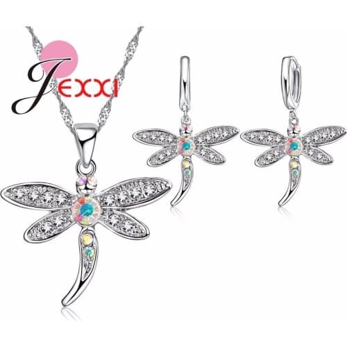 925 Sterling Silver Jewelry Set Charm Dragonfly Pendant Necklace Earrings Pave Colorful Crystal Hot Selling Brincos Collar