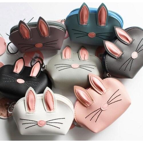 M179 Cartoon Women Zero Purses Lovely Rabbit Cat Ears PU Leather Coin Purses Card Bag Key Buckle Bag