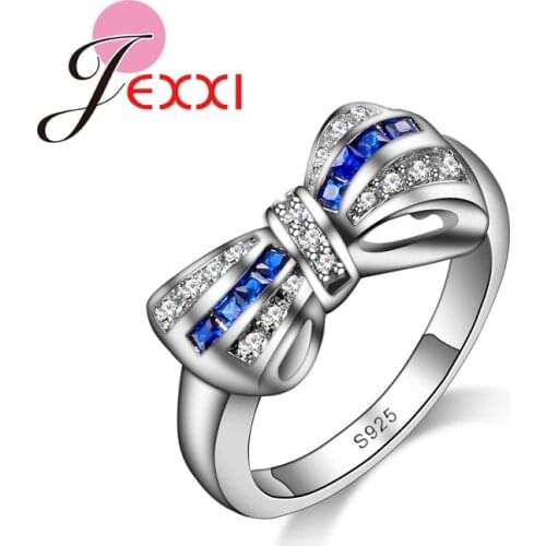 Sweet Girls Cubic Zircon Rings Womens 925 Sterling Silver Cute Bowknot Design Finger Ring Blue Crystal Jewelry