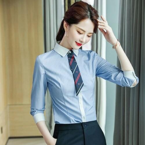 Fashion Women Shirts Ladies 2 Piece Pant and Top Sets Long Sleeve Work Wear Blouse Blue Striped (Tie Not Included))