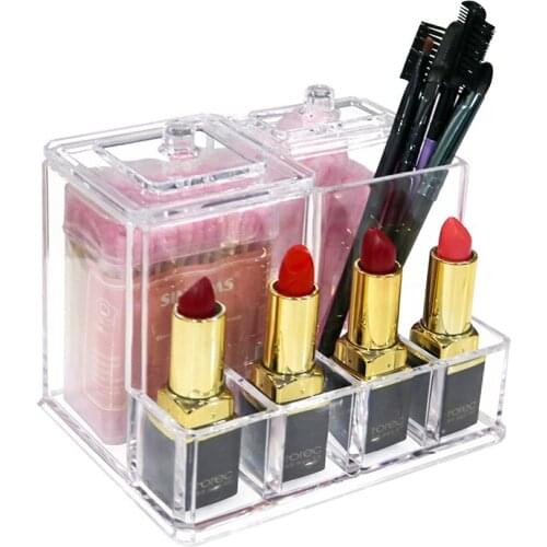 Fashion Multifunction Lipstick Organizer Cotton Pad/Swab Holder Box With Lid 4 Grids Lipstick 1 Brush Holder 2 Slots With Cover
