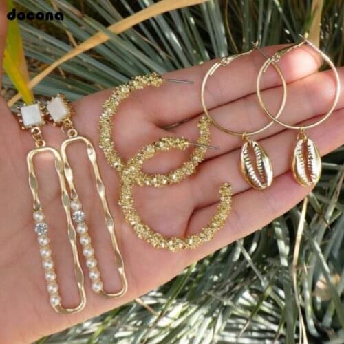 Docona Punk Gold Shell Crystal Pearl Drop Dangle Earring Set for Women Girl Metal Geometric Pendant Earrings Party Jewelry 8649