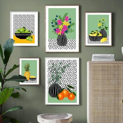 Nordic Abstract Fruit Plants Kitchen Wall Art Print Canvas Painting Lemon Strawberry Flower Poster Picture For Living Room Decor