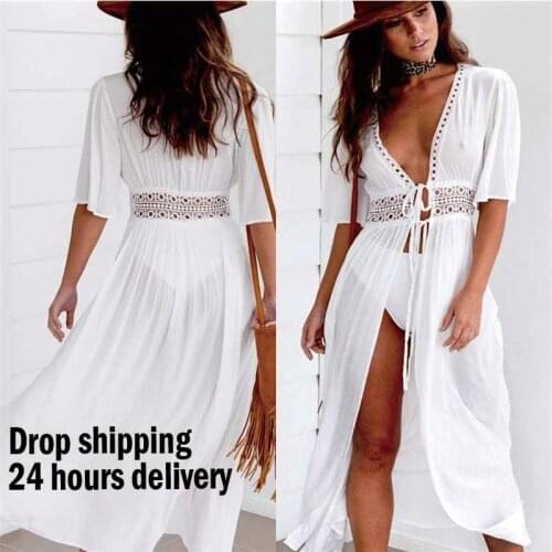 XXXL Bikini Cover Up Long Maxi Dress Beach Cover Up Tunic Pareo White V Neck Dress Robe Swimwear Plus Bathing Suit Beachwear