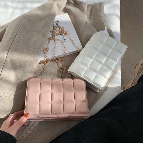 Portable Lattice Pattern Thin Metal Chain Totes Women PU Leather Solid Color Shoulder Messenger Bag Fashion Square Money Purse