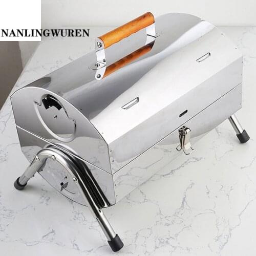 Portable Charcoal Grill Army Green Stainless Steel Cylinder Bbq Foldable Handle Silver barbecue Grill for Outdoor camping picnic