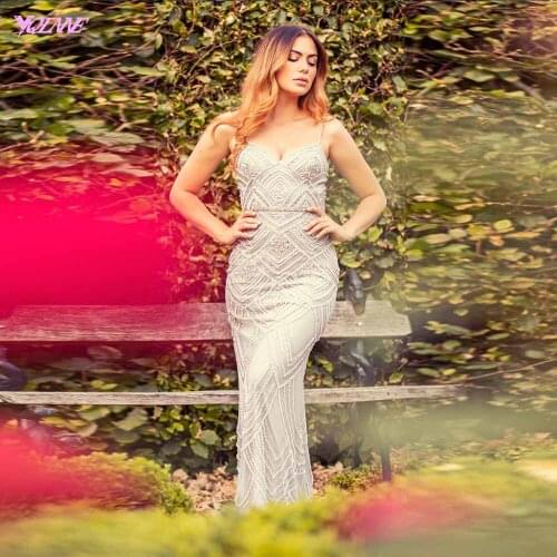 Sexy Silver Straps Long Evening Dress Crystal Beaded Mermaid Evening Gown Sleeveless 2019
