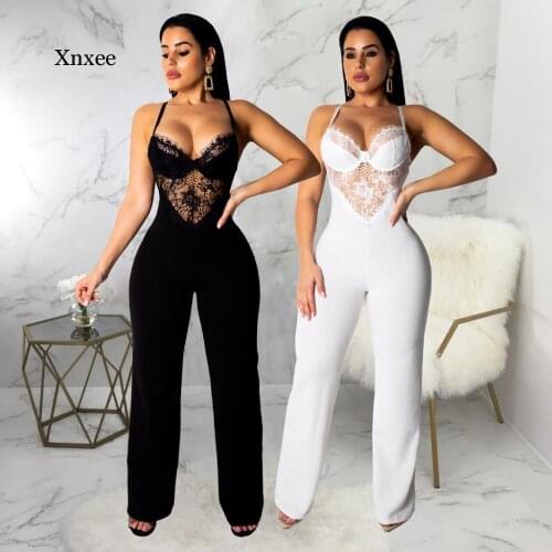 Vintage Sexy Lace Perspective V Neck Backless Straight Rompers Slim Bodysuit Women Elegant Lady Casual Jumpsuit Overalls Clothes