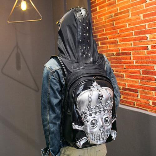 Large Capacity Men Restore 3D Cool skeleton backpack gothic embossing bag leather 3D Shoulder Bag with Hood Travel Backpack