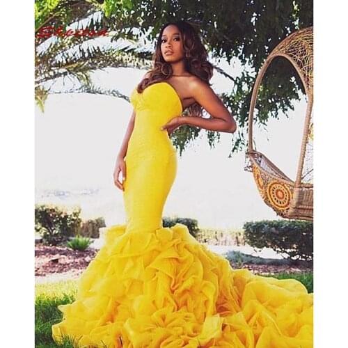Yellow Sexy Long Evening Dresses Party Mermaid Plus Size Tulle Girl Women African Prom Formal Dresses Evening Gown