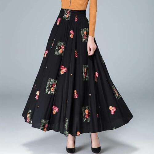 Casual Pastoral Vintage Style Spring Black Cotton and Linen Large Plus Size 7XL 8XL Embroidery Floral Female Maxi Skirts Womens
