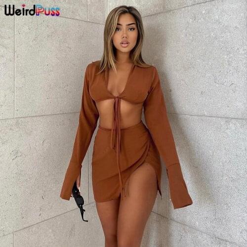 Weird Puss Sexy Two-Piece Sets Women Flare Sleeve Lace Up Tops+Side Slit Mini Skirts Matching Suit Summer Trend Party Clothing