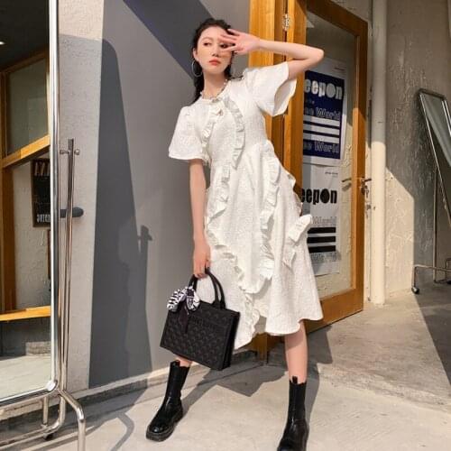 2021 Summer New Irregular Bud Sleeve White Dress For Women Vintage Elegant Party Robe Fashion Mid-length Dresses Ladies Clothes