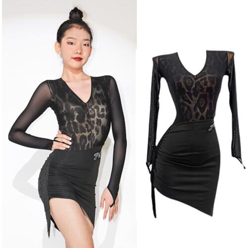 Leopard Latin Dance Dress Mesh Long Sleeve Girls Rumba Tango Performance Wear Samba ChaCha Salsa Competition Costume VDB3928