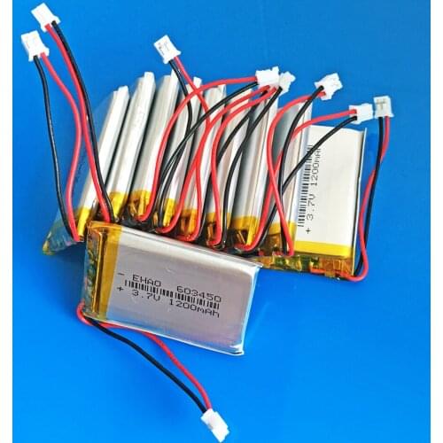 10 pcs 3.7V 1200mAh li polymer lithium rechargeable battery PH 2.0mm 2P plug for GPS DVD bluetooth recorder e-book camera 603450