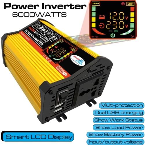 6000W Dual LCD Screen Car Inverter Power Adapter Modified Sine Wave Voltage Transformer Dual USB DC 12V to AC 220V 110V Inverter