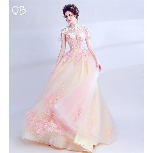 Champagne Ball Gown Fluffy Tulle Lace Beading Crystal Flowers Luxury Elegant Evening Dresses Bride Party Prom Dress XK118
