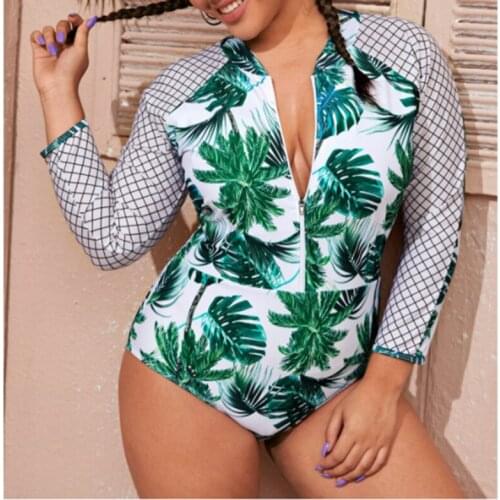 One Piece Swimsuit Plus Size Swimwear Women Monokini Bodysuit Push Up Long Sleeve Swim Suit Female Print Zipper Bathing Suit