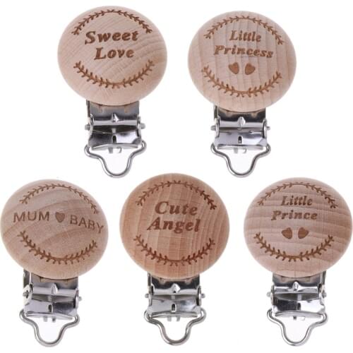 1 Set Natural Beech Wood Baby Pacifier Clip Engraved Wooden Pacifier Holder Dummy Clip Baby Love