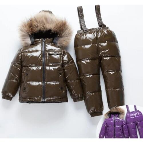 Childrens suit sets waterproof fabrics boys and girls suspenders trousers down jacket thick