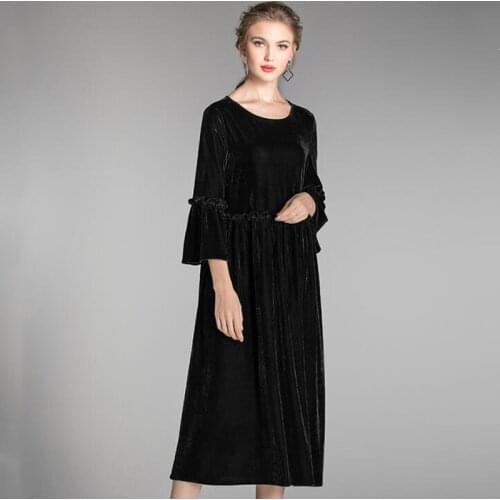 Elegant Velvet Loose Long Dress Women Solid Ruffles Wrist Sleeves Maxi Dress Long Robe Dress Vestidos Plus Size M-6XL 7XL