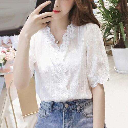 Elegant Women Blouses Floral Lace Brim Half Sleeve Blouses Shirts Women Casual V Neck Blouse Shirt Blusas Feminina Tops White