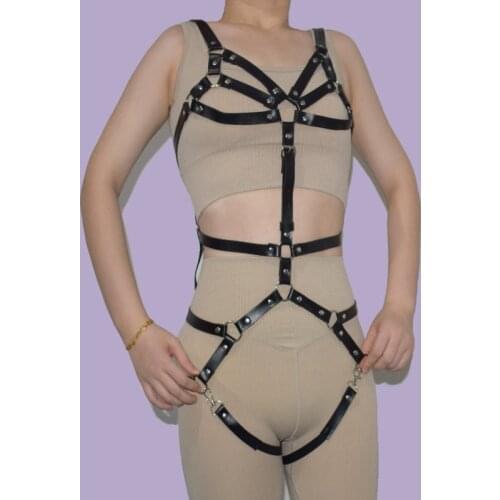 Fashion Full Body Women Leather Harness Underwear Sexy Lingerie Punk Goth Waist Bondage Set Female Bra Cage Harness Garter Belt