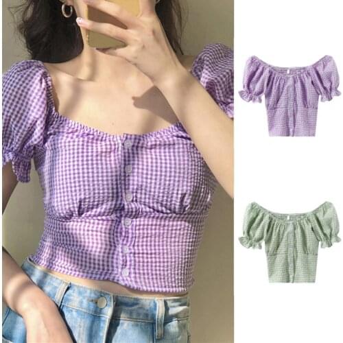 Girls Crop Top 2021 Short Sleeve Girls Crop Top Square Neck Ruffle Puff Sleeve Plaid Crop Top for Daily Wear