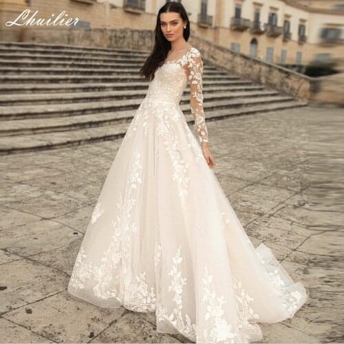 Lhuilier A-line Scoop Neck Full Sleeves Tulle Wedding Dresses 2020 Floor Length Lace Appliques Court Train Lace Up Bridal Dress