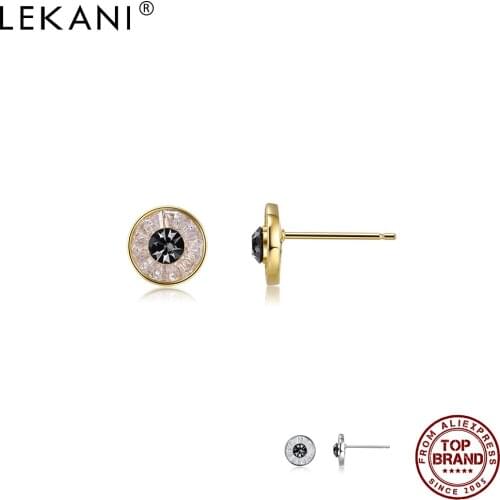 LEKANI Genuine 925 Sterling Silver Round Circle Small Earrings For Women Black Cubic Zirconia Gold Color Stud Earring Jewelry