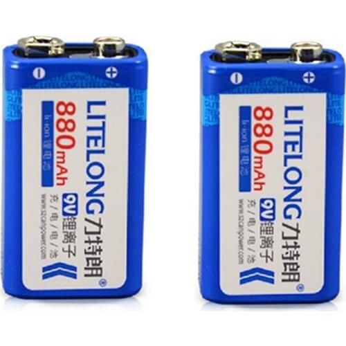 LITELONG 2pcs/lot 9v SUPER BIG 880mAh li-ion lithium Rechargeable 9 Volt Battery Manufacturers warranty FREE SHIPPING