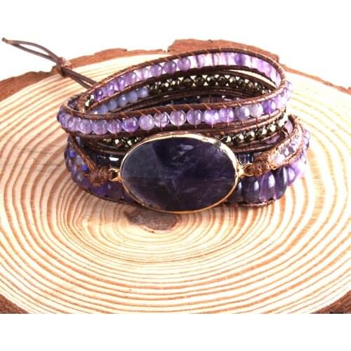 MD Fashion Handma Bohemian Jewelry Purple & Gray Natural Stones Charm 5 Strands Wrap Bracelets Boho Armbander DropShip