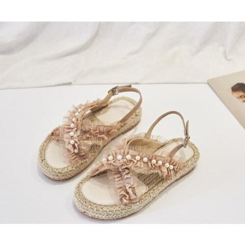 Sweet Lace Exquisite Pearl All-Match Lady Sandals Summer New Style Hemp Woven Comfortable Flat Shoes