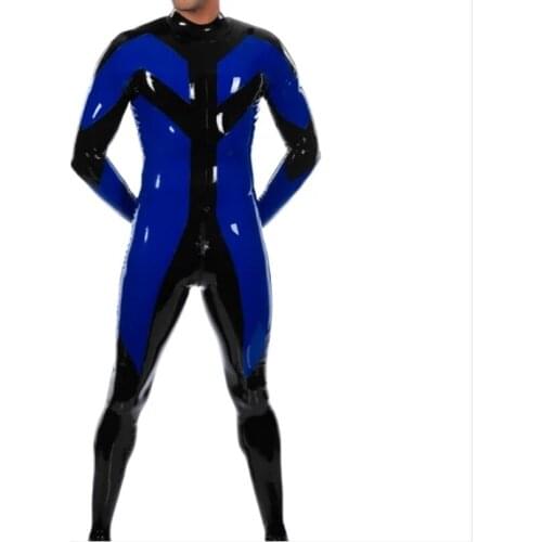 Handmade Mens Rubber Catsuit Tights Transparent Blue Latex Bodysuit with Front Zipper to Back Waist Cosplay Costume