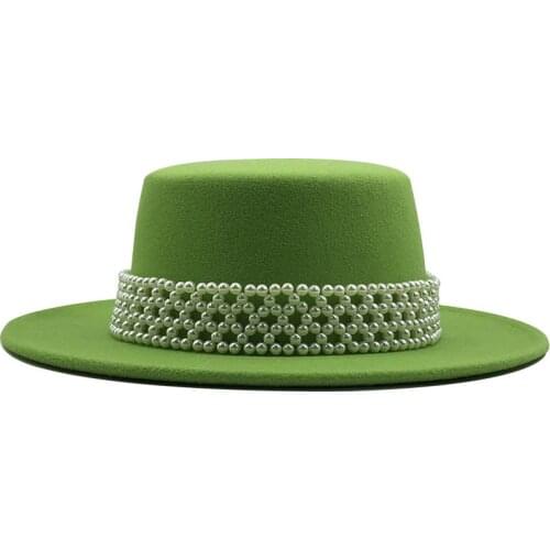 2020 New Elegant Pearl Flower Band Trimmed Flat Top Wool Hat Women Black Warm Winter Hats Ladies Party Wedding Church Felt Hat