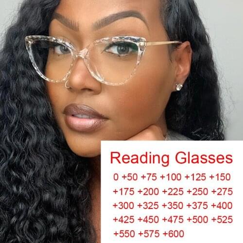Crystal Transparent Cat Eye Reading Glasses Women Fashion Antifatigue Computer Eyewear Anti Blue Rays Comfy Presbyopia Glasses